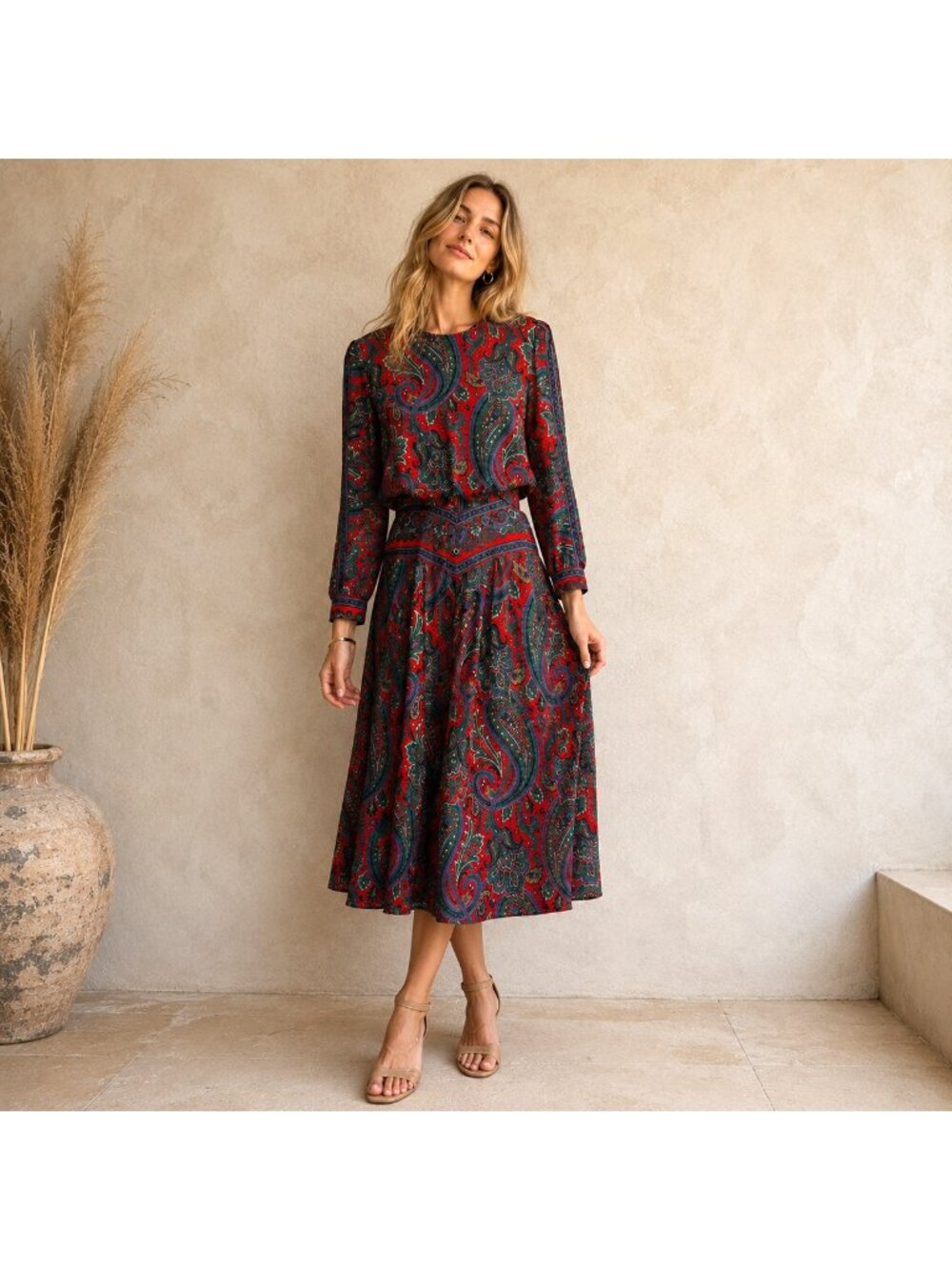 Vintage Demoro Red Green Paisley Print Rayon Midi Dress S